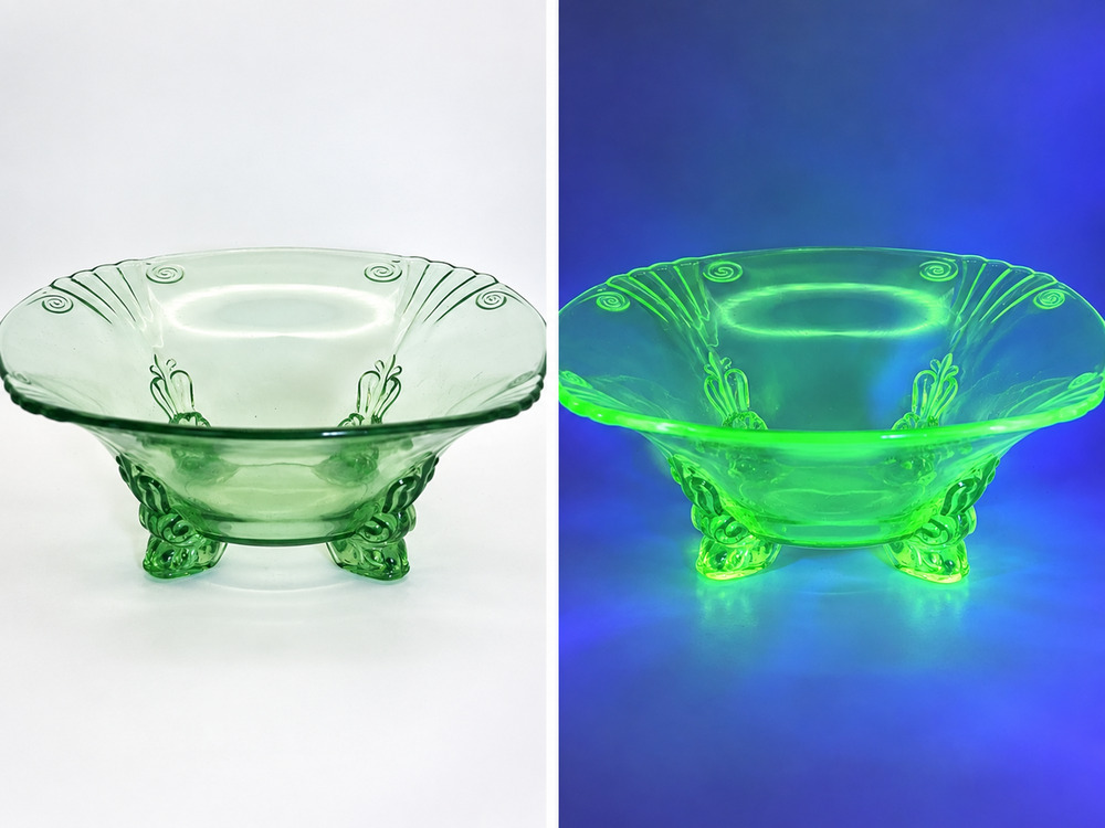 Vintage Fostoria #2470 Green Uranium Glass Four-Toed Console Bowl 11” 1930s